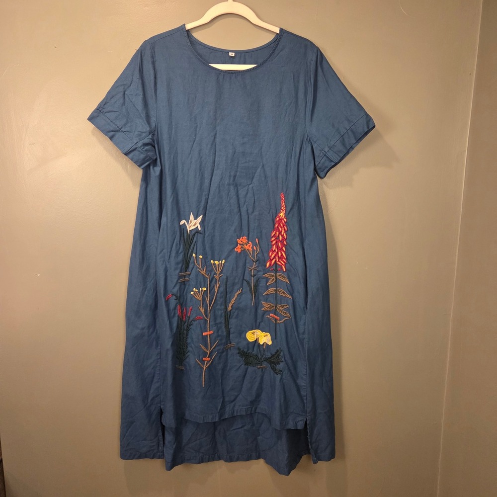 Women's Linen & Cotton High Low Shirt Dress Size M Blue Multi Embroidered Floral